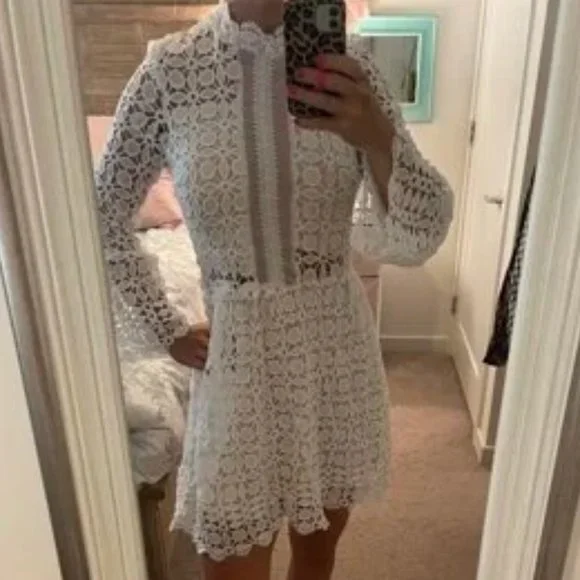 //BEST SELLER// Mesh Insert Mock Neck Flounce Sleeve Lace Dress - Picture 8 of 9